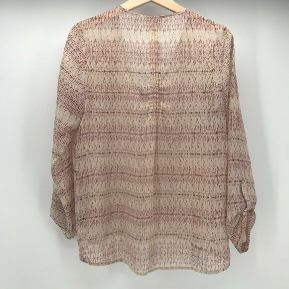 UO Pins & Needles Top Womens Medium Pink Ivory V Neck Smocked Button Down - Picture 2 of 9